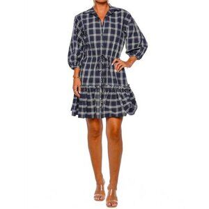 Cara Cara Robin Plaid Mini Dress Navy Blue Cotton Tie Waist EUC